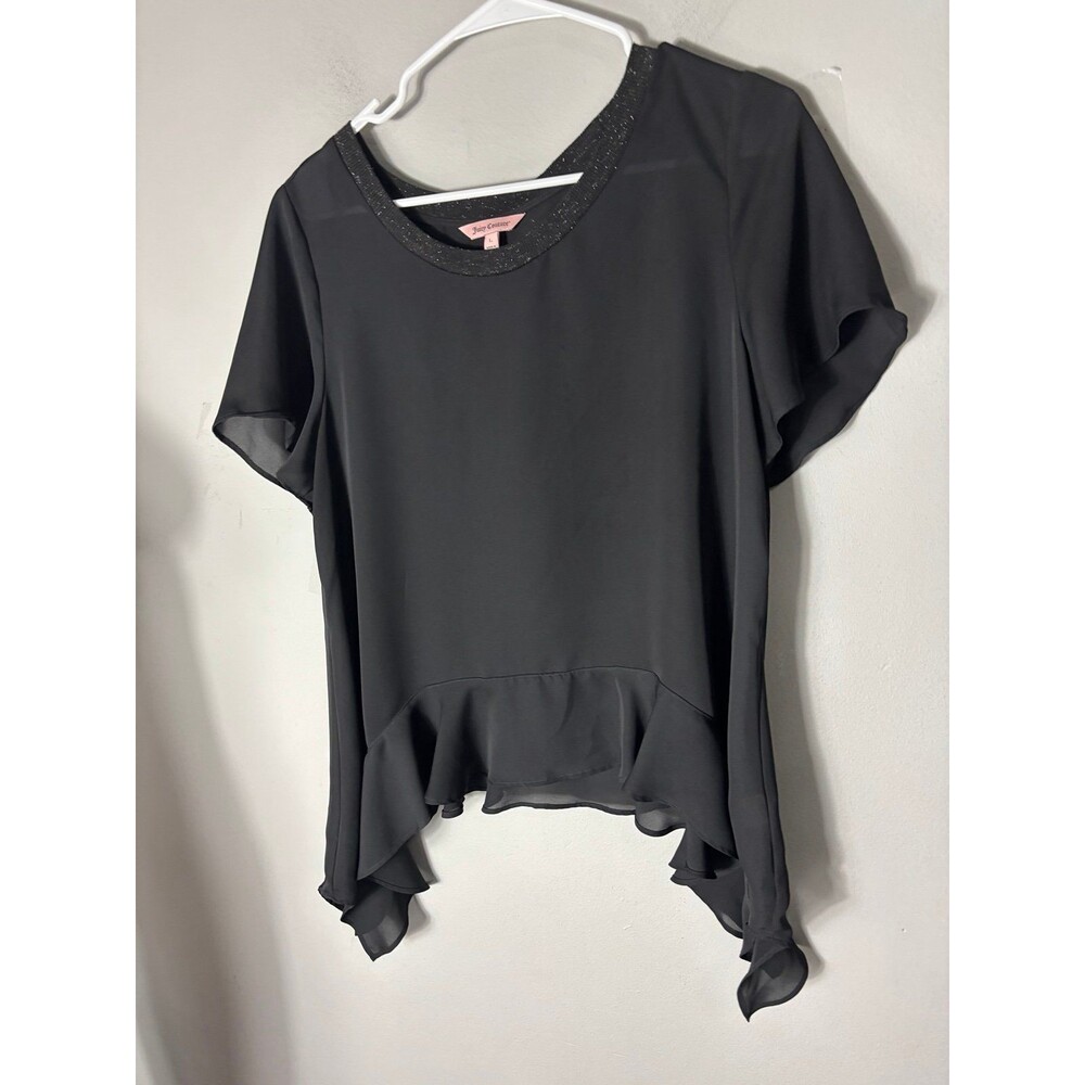 Juicy Couture L Black Short Sleeve Ruffle Hem Polyester Shirt